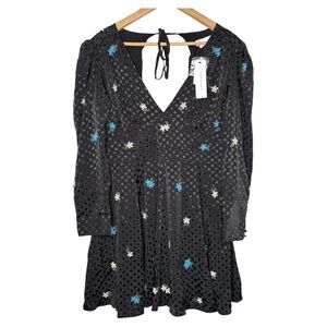 Topshop black Swiss dot long sleeves floral beaded black mini dress 8 new